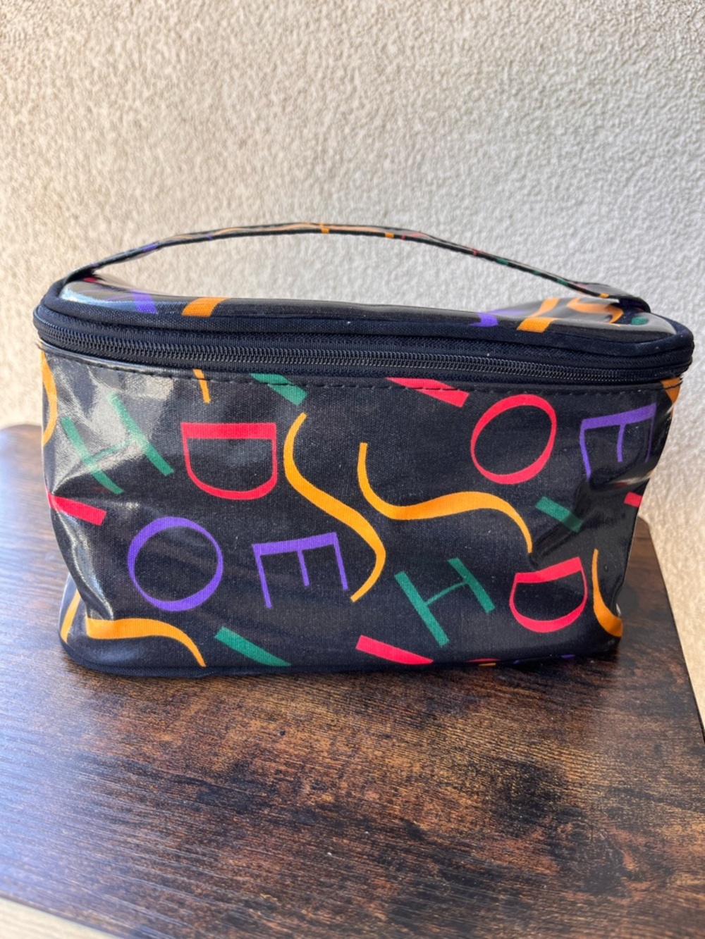 Vintage 90s Geometric Makeup Bag Black Neon Travel Cosmetic Case
